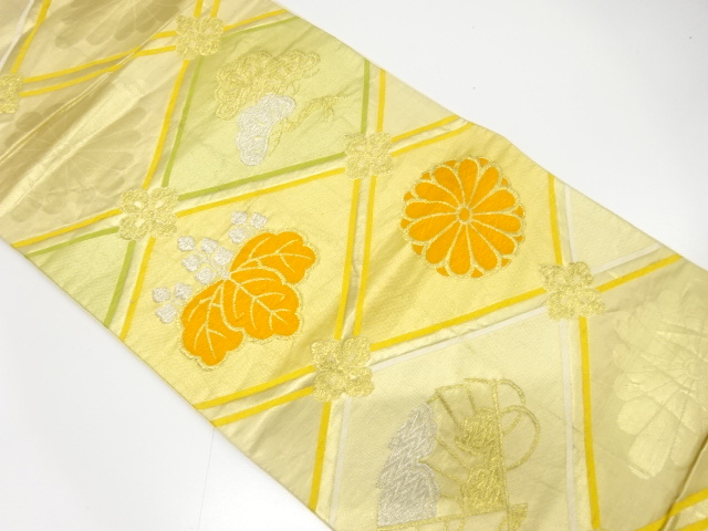 アンティーク　斜め格子に桐・菊模様織り出し袋帯（材料）